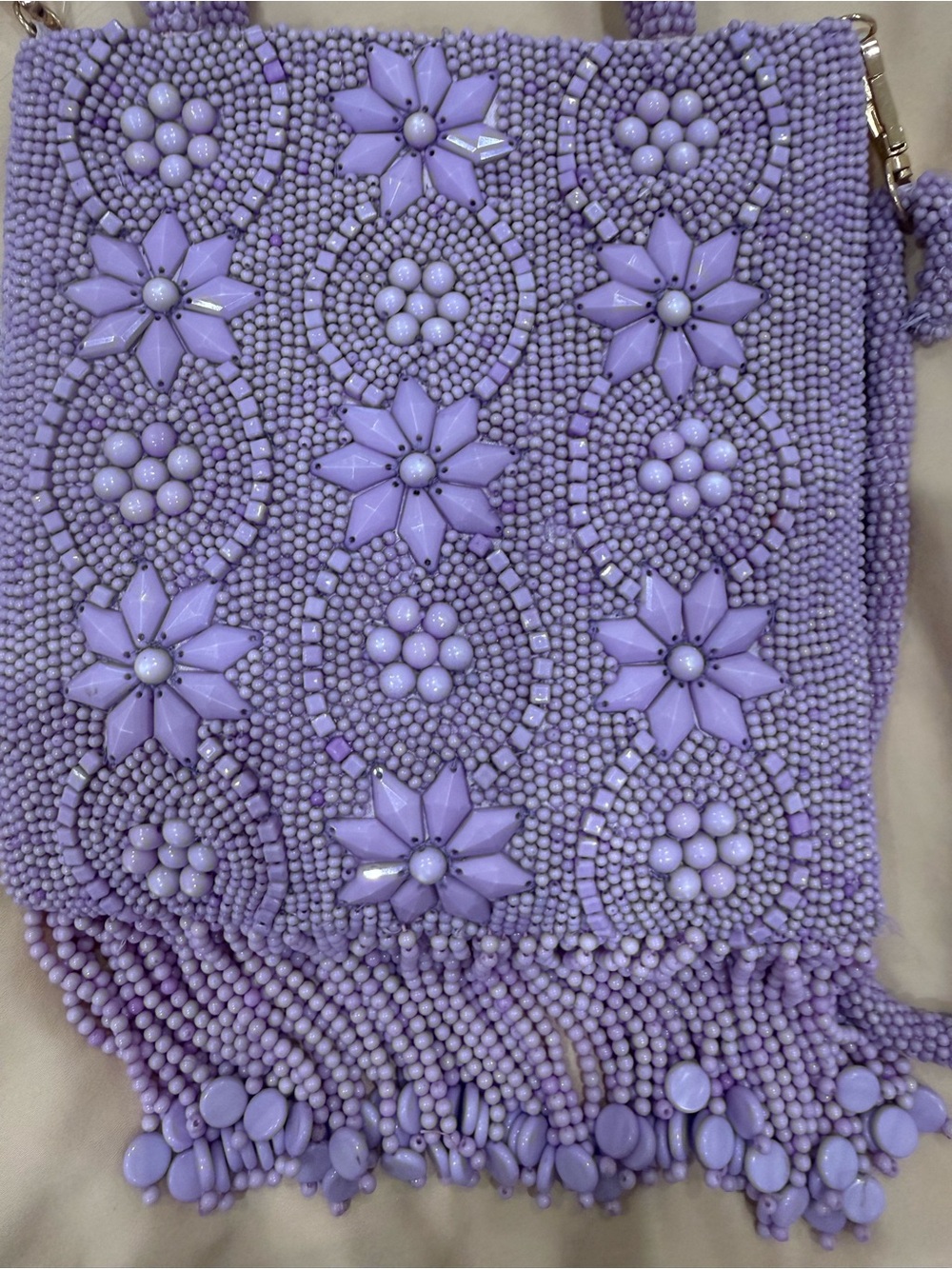 NWT Anthropologie Lilac Beaded Floral Mini Tote with Fringe lavender purple - Picture 13 of 13